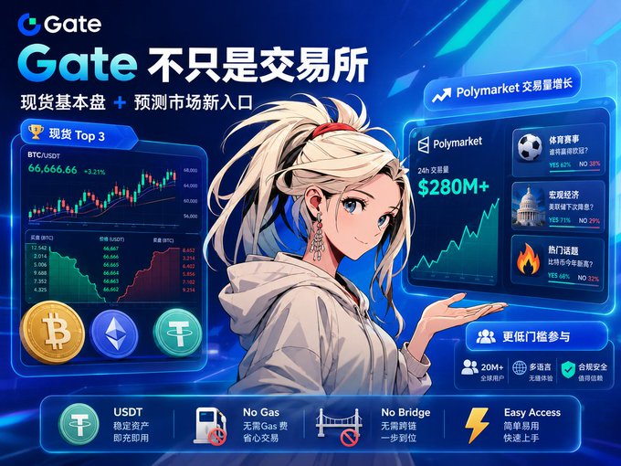 A promotional graphic for Gate exchange featuring an anime-style female character gesturing toward two panels: a "现货 Top 3" spot trading dashboard showing BTC/USDT at 66,666.66 (+3.21%), and a "Polymarket 交易量增长" panel displaying $280M+ in 24-hour trading volume across sports, macroeconomic, and hot event markets. The image illustrates Gate's dual strategy of maintaining its spot trading core while expanding into prediction markets, with footer highlights promoting USDT accessibility, no gas fees, no bridge requirements, and easy onboarding—reinforcing the post's point about Gate leveraging prediction markets as a new user acquisition channel.