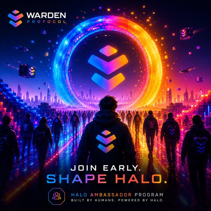 A promotional banner for Warden Protocol's 'Halo Ambassador Program' featuring a glowing circular halo logo, the tagline 'JOIN EARLY. SHAPE HALO.', and silhouettes of people in a neon-lit futuristic city.