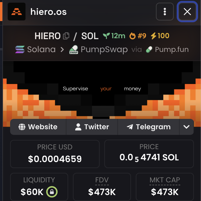 The image shows a crypto trading interface for the token HIERO/SOL on the Solana blockchain, available via PumpSwap and Pump.fun, with a current price of $0.0004659 (0.0054741 SOL), a liquidity of $60K, and an FDV/Market Cap of $473K. This appears to be promotional material for a "$15 SOL GIVEAWAY" contest, likely used by the project to drive engagement and advertise their token by encouraging users to like, retweet, and follow the project.