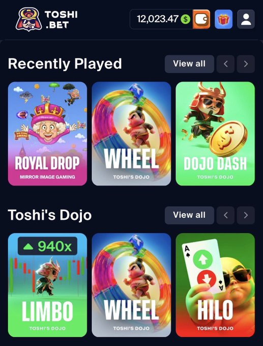 A screenshot of the Toshi.bet online gambling website showing "Recently Played" games (Royal Drop, Wheel, Dojo Dash) and "Toshi's Dojo" games (Limbo, Wheel, Hilo), with a balance of $12,023.47.