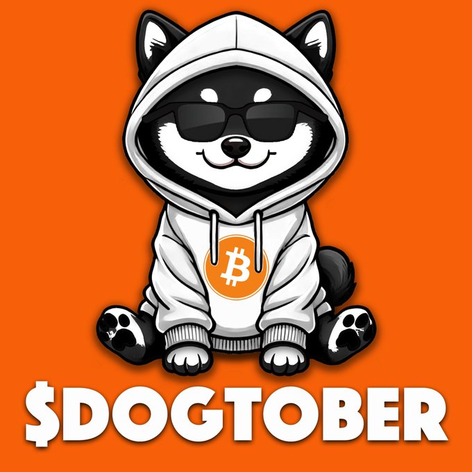 A cartoon illustration of a smiling Shiba Inu dog wearing black sunglasses and a white hoodie with a Bitcoin '₿' logo, set against an orange background with the text '$DOGTOBER' below.