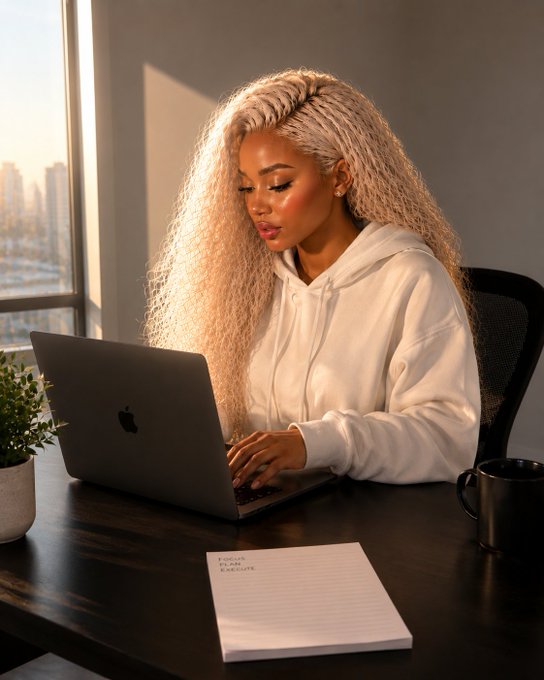 A woman with long blonde curly hair works on a gray MacBook laptop at a wooden desk, with a white notepad and black coffee mug beside her, illuminated by warm sunlight streaming through a window.