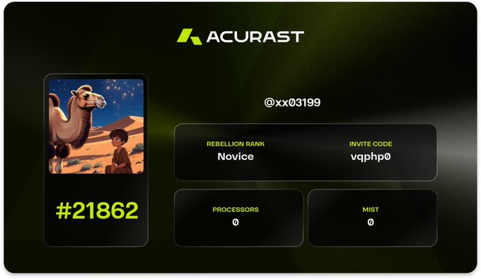 An Acurast invitation card for @xx03199 with invite code vqphp0, showing a Novice rebellion rank, #21862, and 0 processors and mist.