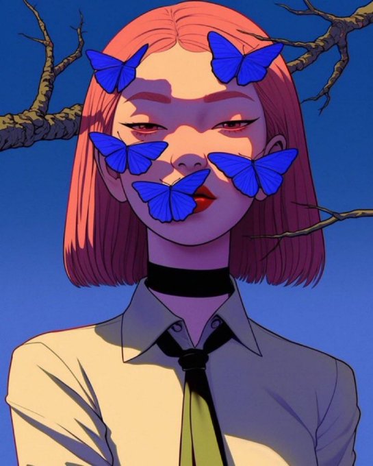 A stylized digital illustration of a woman with pink hair surrounded by blue butterflies, wearing a white shirt and black tie against a background of bare tree branches.