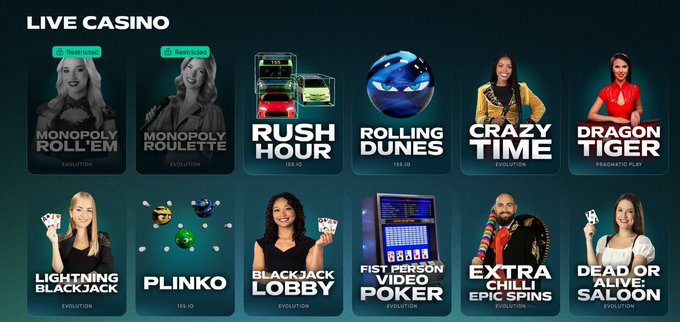 A live casino interface displaying a grid of game options including Monopoly Roll Em, Monopoly Roulette, Rush Hour, Rolling Dunes, Crazy Time, Dragon Tiger, Lightning Blackjack, Plinko, and Blackjack Lobby.