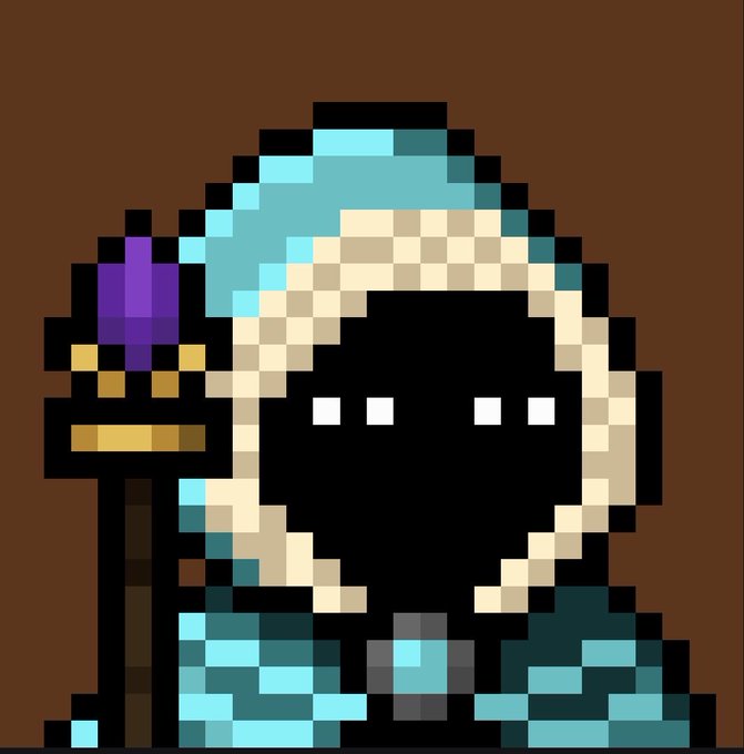 A pixel art character with a dark face and four white eyes, wearing a teal and beige hooded robe, holding a staff topped with a purple crystal against a brown background.