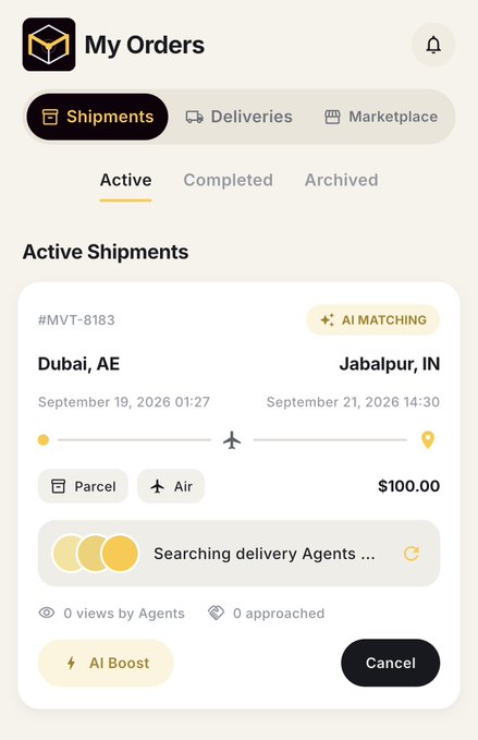 Mobile app screenshot of 'My Orders' showing an active shipment from Dubai, AE to Jabalpur, IN for $100.00 via Air, marked as AI Matching with 'Searching delivery Agents' status.