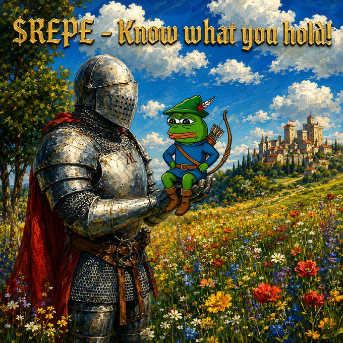 A fantasy artwork titled '$REPE - Know what you hold!' depicting an armored knight holding a Pepe the Frog character dressed as Robin Hood with a bow and quiver, set in a medieval countryside landscape.