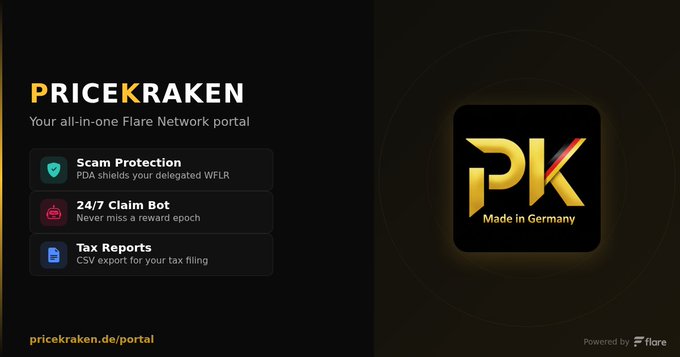 A promotional banner for 'PRICEKRAKEN' describing it as an 'all-in-one Flare Network portal' featuring 'Scam Protection', '24/7 Claim Bot', and 'Tax Reports', with a 'PK - Made in Germany' logo and 'Powered by Flare' text.