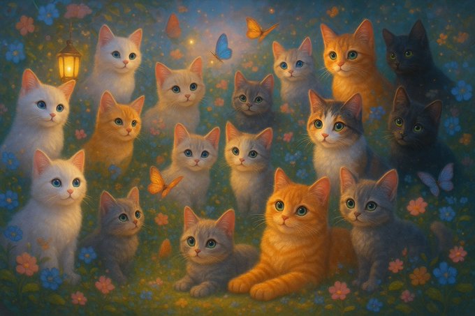 A whimsical digital illustration of numerous cats of various colors (white, orange, gray, black) sitting together in a flower-filled meadow, surrounded by colorful butterflies under a starry sky with a glowing lantern.