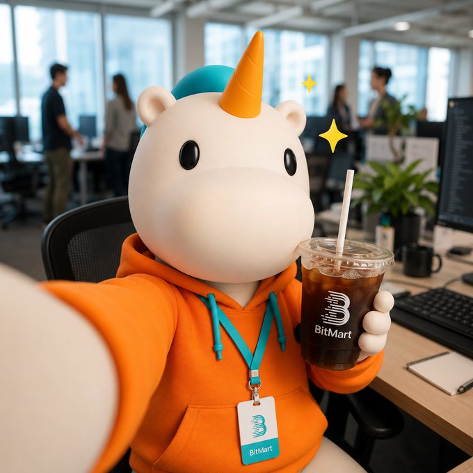 A 3D-rendered unicorn mascot wearing an orange hoodie and a BitMart lanyard, holding an iced coffee branded with the BitMart 'B' logo in a modern office setting.