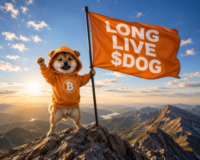 A dog wearing an orange Bitcoin hoodie stands triumphantly on a mountain peak holding a flag that reads "LONG LIVE $DOG."