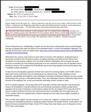 This image shows a satirical/fake email memo, dated December 5, 2011, purporting to be from Bryan Bishop (with cc to Jeremy Rubin, Mark Karpeles, and Amir Taaki) regarding Bitcoin Core development. The memo references technical details like BTCKing/FROZEN/Bitcoins and Satoshi's involvement in patching the Bitcoin software. The document claims to declassify information suggesting Epstein funded 70% of Bitcoin and controlled it through Satoshi Nakamoto's identity—claims that are demonstrably false, as this appears to be either a fabricated document or a misleading reinterpretation of a real 2011 Bitcoin IRC chat log involving Satoshi Nakamoto and developers. The legitimate 2011 Bitcoin discussion involved actual early developers discussing a serious inflation bug (value overflow incident), with Satoshi releasing Bitcoin 0.3.11 to address it—not anything related to Jeffrey Epstein.
