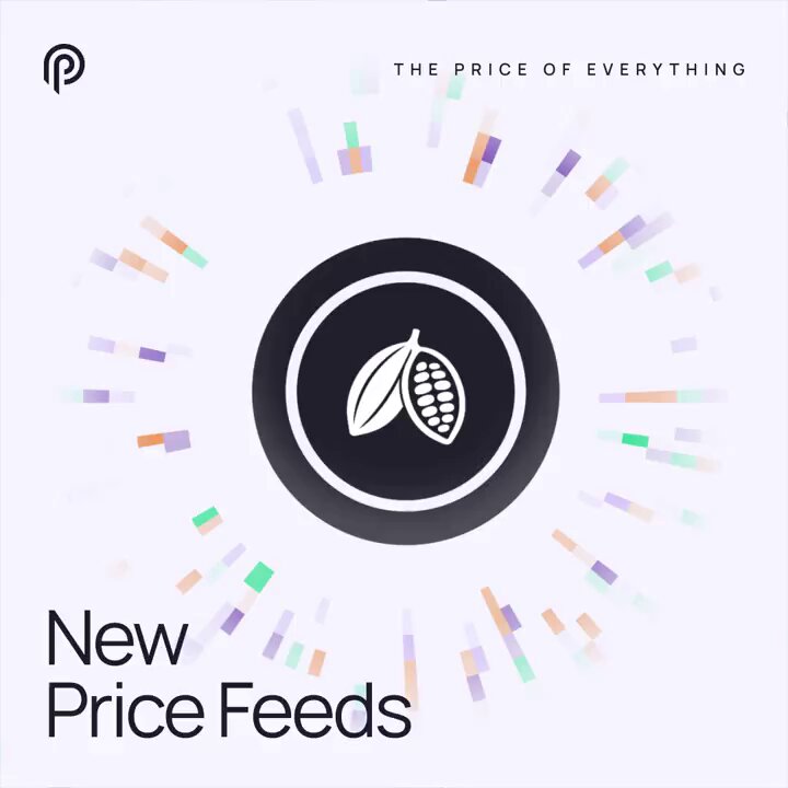 The image shows a circular graphic with a dark chocolate bar symbol at its center, surrounded by different colored lines representing price feeds for cattle feed. The text above the chart states that "New commodity feeds are now live" and explains that these feeds include items such as cocoa (ca), coffee (cf), raw sugar (rs), livestock (lc). This list of feeds is focused on softs and livestock, with a focus on cattle feed prices.