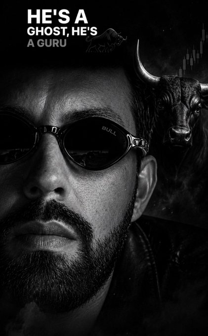 A black-and-white close-up of a bearded man wearing dark "BULL" sunglasses, with a charging bull visible behind him and the text "HE'S A GHOST, HE'S A GURU" at the top. The image visually represents the post's description of a key figure building influence in the BNB Chain ecosystem.