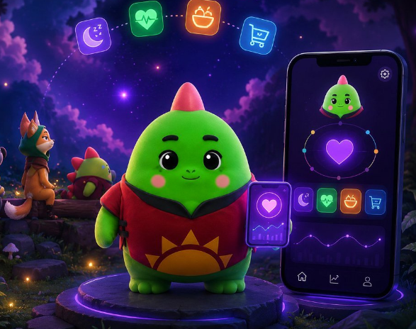 The image features a green cartoon character with a red shirt holding a phone displaying an app called "To Earn" that promotes healthy sleep habits. The character appears to be promoting the importance of getting enough rest, which aligns with the Web3 concept of prioritizing health and well-being.