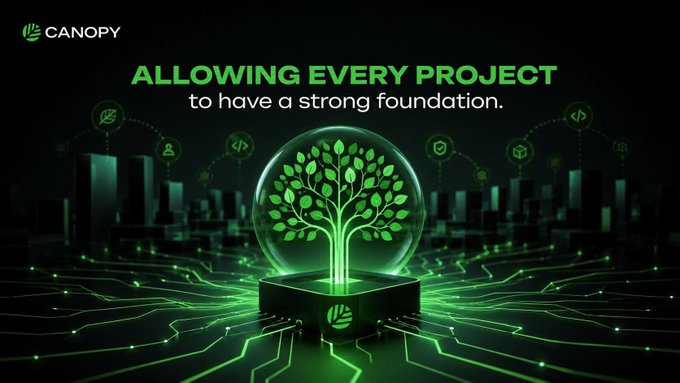 A Canopy promotional banner reading 'ALLOWING EVERY PROJECT to have a strong foundation' featuring a glowing green tree inside a glass sphere atop a circuit-board base.