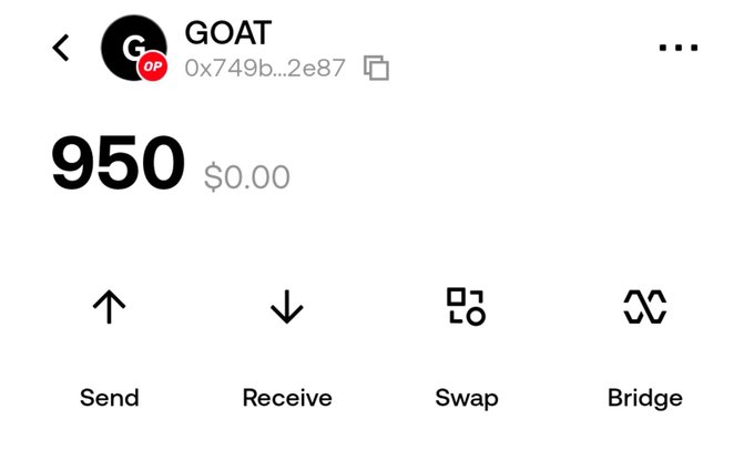The image shows a wallet interface displaying a balance of 950 GOAT Points (token address 0x749b...2e87) with a $0.00 valuation, along with options to Send, Receive, Swap, or Bridge the tokens—illustrating the user's GOAT point holdings referenced in the post about Cashmere Labs' upcoming TGE for $CSM.
