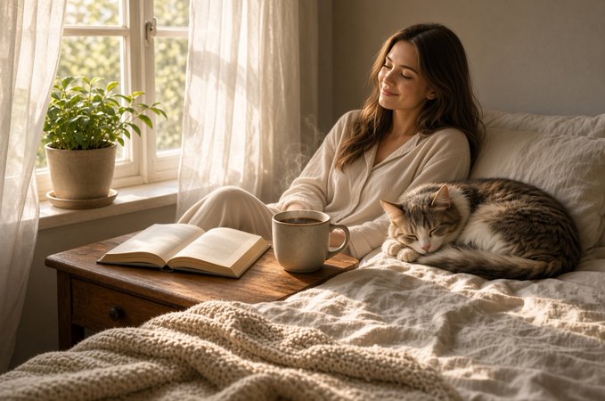 A woman with long brown hair sits on a bed smiling peacefully next to a sleeping cat, with a steaming mug, an open book, and a potted plant nearby near a sunlit window.