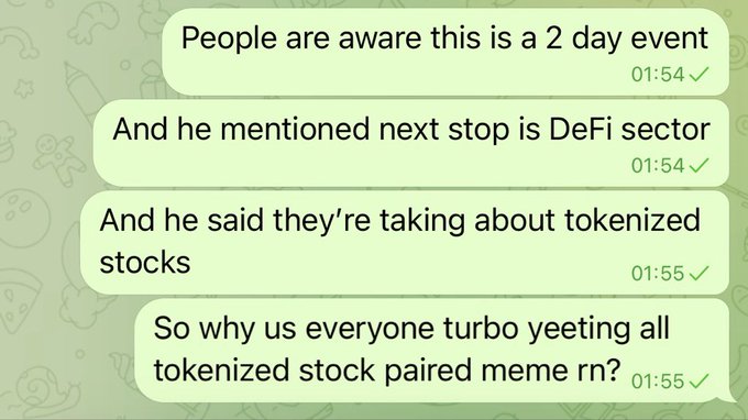 A screenshot of a WhatsApp conversation discussing a 2-day crypto/DeFi event, with messages about tokenized stocks and meme token pairings, timestamped around 01:54-01:55.