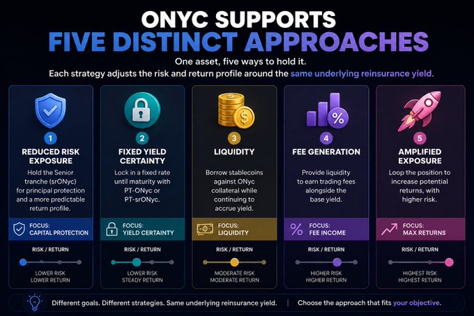 The image, titled "ONYC SUPPORTS FIVE DISTINCT APPROACHES," illustrates how OnRe's ONyc asset can be held in five different ways, each adjusting risk and return around the same reinsurance yield: (1) Reduced Risk Exposure (srONyc), (2) Fixed Yield Certainty (PT-ONyc/PT-srONyc), (3) Liquidity, (4) Fee Generation, and (5) Amplified Exposure. It directly visualizes the post's claim about OnRe's flexibility, showing strategies ranging from lower risk/capital protection to highest risk/max returns, with risk/return scales clearly mapping each approach to the investor objective.