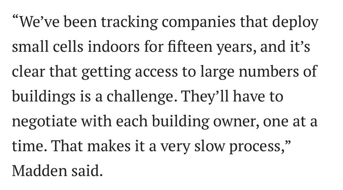 A text excerpt quoting 'Madden' about the challenges of deploying indoor small cells: 'We've been tracking companies that deploy small cells indoors for fifteen years... That makes it a very slow process.'