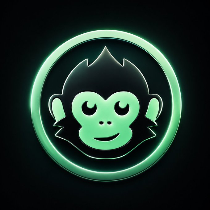 A glowing green neon-style circular logo featuring a stylized monkey face with a smiling expression on a dark background.