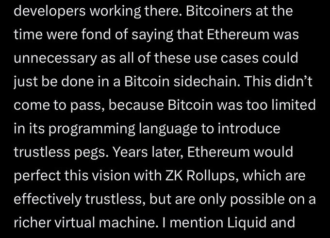 A text excerpt discussing Bitcoin and Ethereum, mentioning that 'Bitcoin was too limited in its programming language to introduce trustless pegs' and referencing ZK Rollups and Liquid.