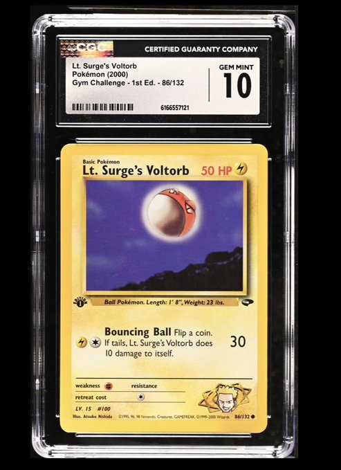 A CGC Gem Mint 10 graded Pokemon card featuring Lt. Surge's Voltorb from the Gym Challenge 1st Edition set, card number 86/132.