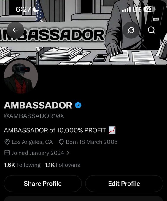 An X/Twitter profile for 'AMBASSADOR @AMBASSADOR10X' describing themselves as 'AMBASSADOR of 10,000% PROFIT' based in Los Angeles, CA, with 1.6K Following and 1.1K Followers.