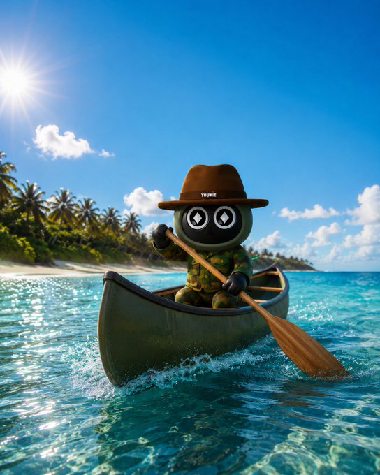 A digital illustration of an anthropomorphic crocodile character wearing a brown hat and camouflage outfit, paddling a canoe through turquoise tropical waters with a sandy beach and palm trees in the background.