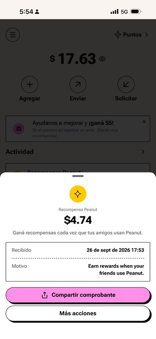 A Spanish-language Peanut rewards app screenshot showing a $17.63 balance and a $4.74 'Recompensa Peanut' transaction received on 26 de sept of 2026.