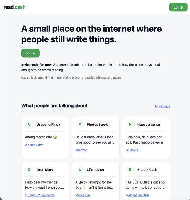 The image shows the homepage of read.cash, an invite-only blogging platform featuring a tagline "A small place on the internet where people still write things," along with a preview of group discussions labeled "What people are talking about" including topics like "Usapang Pinoy," "Photos I took," and "Bitcoin Cash." The layout displays sample posts from users like @Shellyberry, @Sidzae, and @GiISkuH, illustrating the platform's content sections mentioned in the post about its clean rebuild and Karma Tokens system.