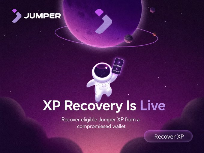 The image is a promotional graphic for Jumper announcing their "XP Recovery Is Live" feature, featuring an astronaut character holding a smartphone displaying 2,220 XP and a level 19 indicator, set against a purple cosmic background with planets. The "Recover XP" button and tagline "Recover eligible Jumper XP from a compromised wallet" directly support the post's message about transferring hard-earned XP (over 2,200 XP and level 19) from a compromised wallet, making it a perfect visual companion to the testimonial.