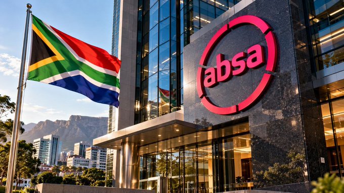 A photograph shows the South African flag flying in front of a modern building displaying the red 'absa' logo, with Table Mountain visible in the background.