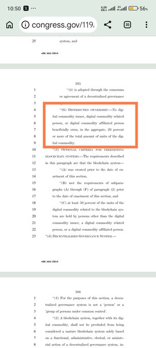 The image shows a screenshot of page 105 from congress.gov document 119, displaying a section of the CLARITY Act with a red box highlighting text defining "DISTRIBUTED OWNERSHIP" as no single digital commodity related person owning 20% or more of blockchain units—an under-20% ownership criterion relevant to classifying Mature Blockchain Systems like Ripple, Stellar, and Pi Network.