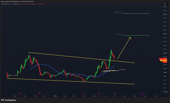 The image is a daily candlestick chart of Wheaton Precious Metals (WPM, NYSE) showing price action within a descending wedge pattern, with a recent breakout and Fibonacci extensions projecting targets at approximately $47.80 (1.618 extension) and $61.60 (2.618 extension). A yellow arrow points upward from the breakout, suggesting bullish momentum toward the projected resistance levels that align with the post's $58 target.