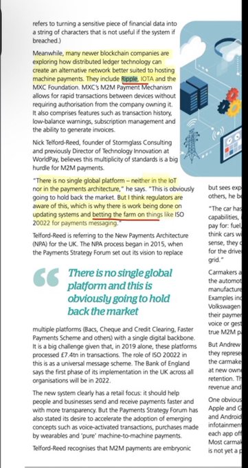 A newspaper article discusses the limitations of traditional blockchain for global payments, highlighting Ripple, IOTA, and MXC as ISO 20022-compliant alternatives, with a prominent quote noting "There is no single global platform and this is obviously going to hold back the market." The article relates to the post by illustrating the regulatory and infrastructure challenges of adopting ISO 20022, while pointing to XRP and IOTA as protocols positioned to drive the "Internet of Value."