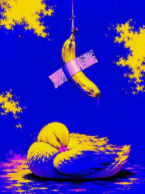 A vibrant pop-art style image showing a sleeping yellow swan below a banana taped to a blue background with yellow paint splatters.