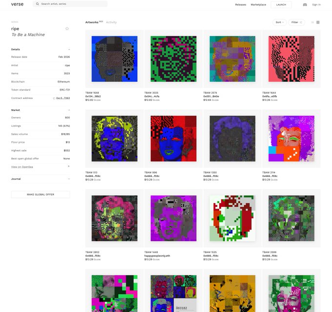 The image shows a webpage with an array of square images arranged on the screen, featuring various designs like faces or artwork. The main feature of this image is that the pictures are described as "machine art" - some possibly resembling a machine. However, there is no clear link between the image and the post about verse works by @verse_works. Therefore, it seems more likely that the webpage's creator intended to showcase their work in machine art rather than directly referencing @verse works or any other related content.
