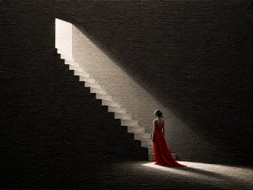 A woman in a flowing red dress stands at the bottom of a stone staircase illuminated by a shaft of light in a dark space.