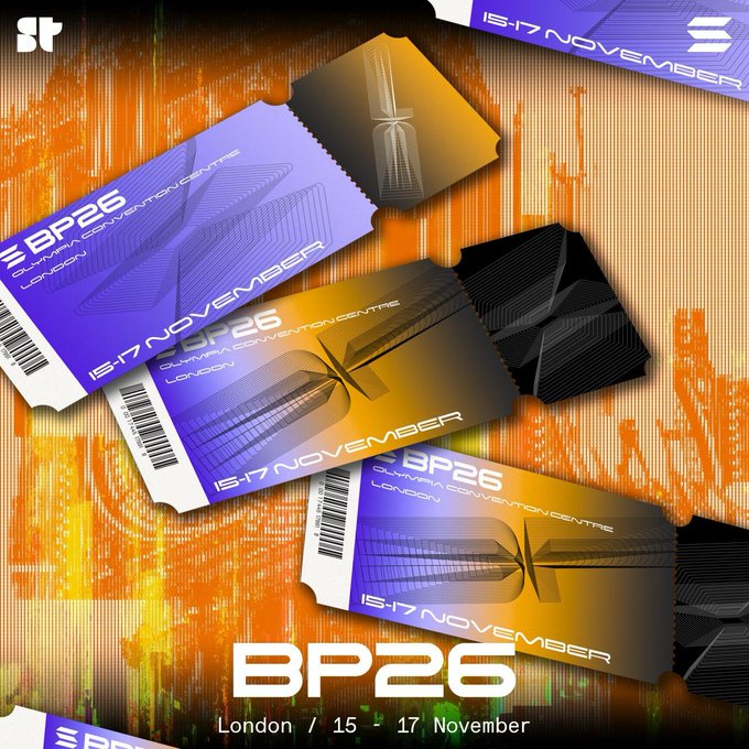 A promotional graphic for BP26 at the Olympia Convention Centre in London on 15-17 November, featuring stylized blue and orange event tickets arranged against an orange city skyline background.