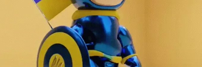 A glossy blue and yellow figurine holds a small Ukrainian flag alongside a yellow and blue shield with "UA" emblazoned on it, symbolizing support for Ukraine as the community-decorated banner for the Solana token $UKR.