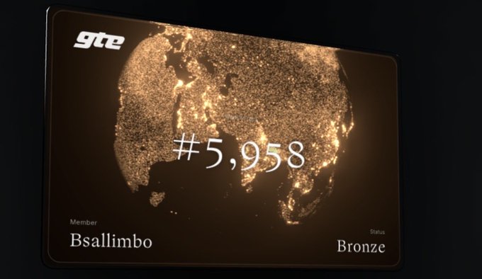 A GTE membership card featuring a golden particle globe design, member "Bsallimbo" with Bronze status and position #5,958.