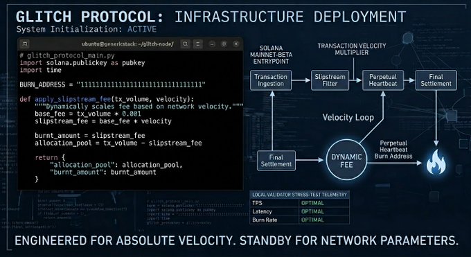 The image shows an interface with various text and visual elements related to the shift from local validator testing to public infrastructure deployment using the Glitch Protocol. The main focus of the image is a website, which appears to provide information about this process. There are several bullet points in the image that explain what's happening, including the status of the system as active and the importance of an active terminal for the successful execution of the protocol.
