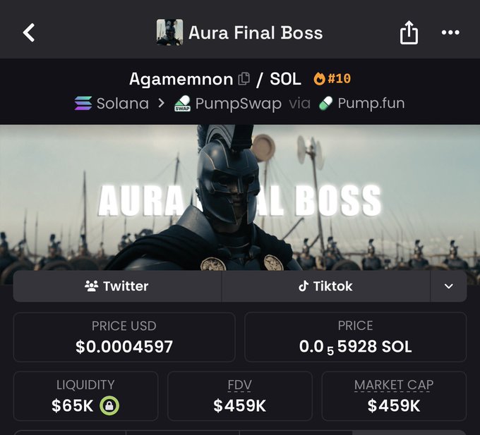 The image displays a cryptocurrency token page on PumpSwap/Pump.fun called "Aura Final Boss" (ticker: Agamemnon, #10) on the Solana network, showing metrics like a price of $0.0004597 (0.00005928 SOL), $65K liquidity, and a $459K market cap, with a warrior-themed banner image. The accompanying post provides a Solana contract address (2cAtqs...pump) for the token, directing viewers to this same "Aura Final Boss" token page for purchasing or adding liquidity.