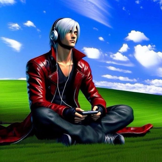 A silver-haired figure in a red leather coat sits cross-legged on a vibrant green field, wearing headphones and holding a phone, evoking a sense of solitary reflection. The post "me and my friends against the chain" suggests a narrative of digital connection transcending physical isolation, with the lone character symbolizing individual resilience in a world of online camaraderie.