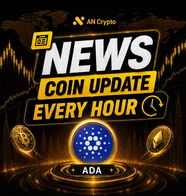 Crypto news graphic from AN Crypto featuring 'NEWS COIN UPDATE EVERY HOUR' with an ADA (Cardano) token logo centered between Bitcoin and Ethereum coin graphics.