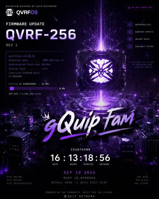 A vibrant purple promotional poster for "QVRF-256 REV 1" firmware update from QUIP Network, featuring a countdown to a September 10, 2026 reveal and an Opensea mint.