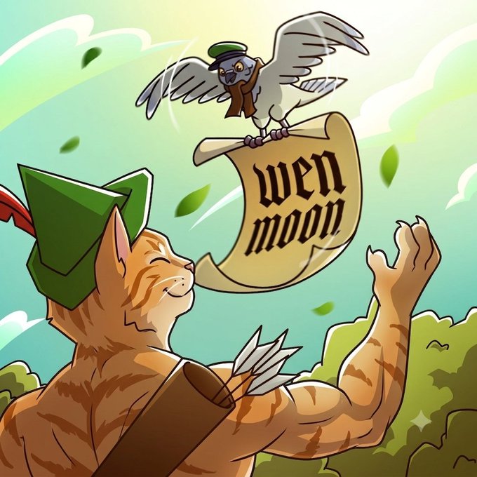 A vibrant cartoon illustration of an orange cat wearing a green Robin Hood-style hat, with a quiver of arrows, reaching up toward a flying bird carrying a scroll that reads 'wen moon'.